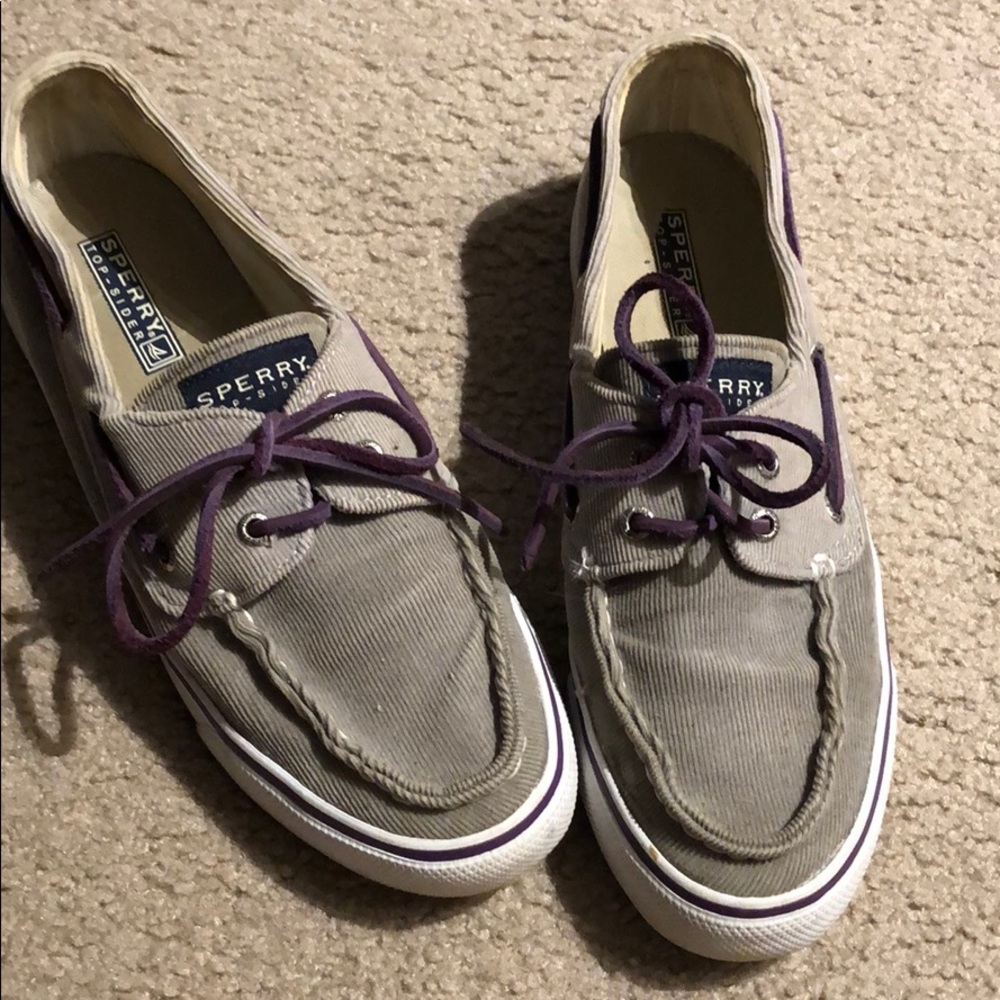 Grey corduroy Sperry’s with dark purple laces